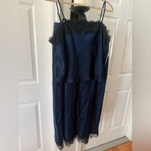 Navy Satin Cami Top and Matching Maxi Skirt with Black Lace Trim